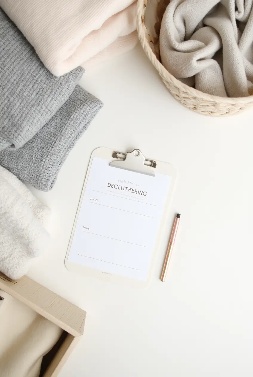 Flat lay of folded clothes and a decluttering checklist, showing simple decluttering strategies and tidy living